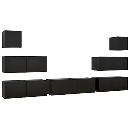 vidaXL TV Cabinet Set 7 Piece Indoor Furniture Living Room Wall-Mounted TV Cabinet Stereo Storage Cabinet Set TV Unit Black Engineered Wood