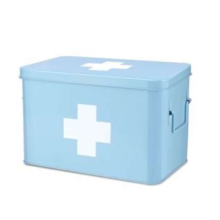 Flexzion First Aid Medicine Box Supplies Kit Organizer - Empty 13" Blue Metal Tin Medic Storage Bin Hard Case with Removable Tray White Cross, Vi
