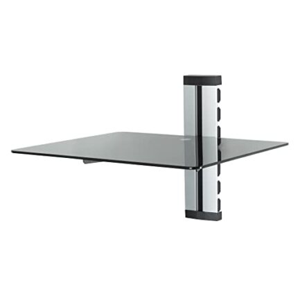 mahara Silver and Black Floating 1 Shelf Unit with Cable Management for TV Accessories – Sturdy Tempered Safety Glass Storage Shelves for Wall -