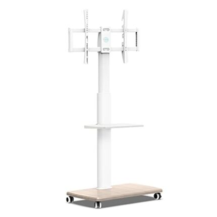 FITUEYES White TV Stand on Wheels 1.5m & 20mm Wood Base for 32-70 Inch, 60° Swivel & 6 Height Adjustable Mobile TV Stand Trolley, Tall TV Floor S