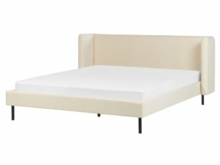 Minimalist Modern EU King Size Velvet Bed Frame 5ft3 Wingback Headboard Black Stable Legs Bedroom Light Beige Arette