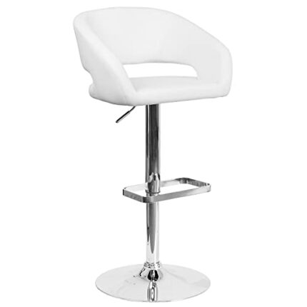 Flash Furniture Erik Comfortable & Stylish Contemporary Barstool with Rounded Mid-Back and Foot Rest, Adjustable Height - White Vinyl with Chrome