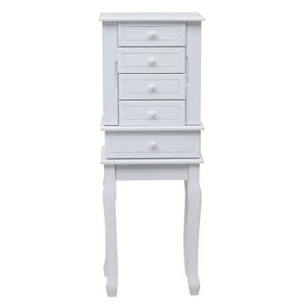 FGHOEV Standing Jewelry Armoire with, 5 Drawers & 14 Necklace Hooks, Jewelry Cabinet Chest with Removable Ring Storage Slot