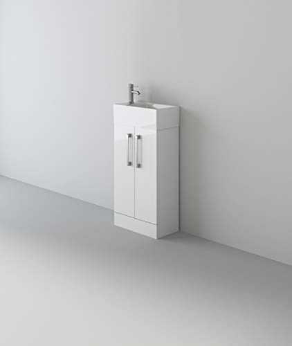 VeeBath STR-CR47-WH Lumin Cloakroom Vanity Basin Cabinet 2 Soft Close Door Bathroom Furniture Unit with Ceramic Sink-470mm, High Gloss White, 470