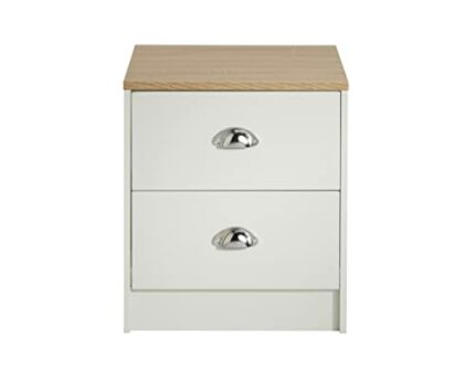 House and Homestyle Lilsbury 2 Drawer Bedside Table in Cream and Oak with Chrome Cup Handles – 45 x 40 x 40cm