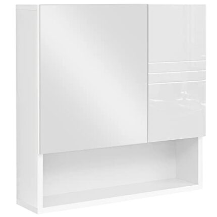 VASAGLE BBK122W01 Mirrored Cabinet, Bathroom Cabinet with Height-Adjustable Shelves, Door and Top Panel with High-Gloss Surface, Bathroom, 54 x 1