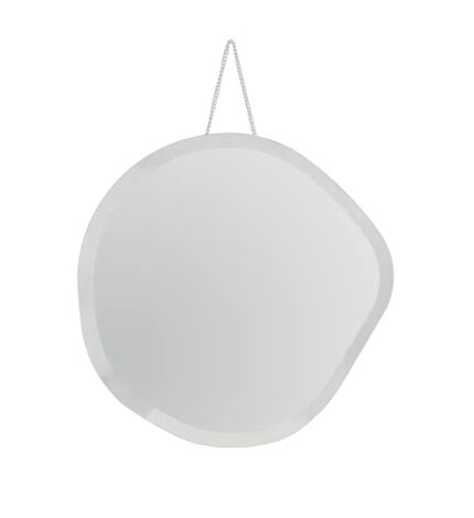 Home Selections Round Irregular Frameless Hanging Mirror, Bevelled Wall Mirror with Hanging Chain and Ribbons. Asymmetrical Oval, Organic Pebble