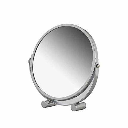 axentia Free Standing Swivel Magnifying Mirror, Portable Chromed Metal Cosmetic Vanity Mirror with up to 3x Magnification, Round Double-sided Mak