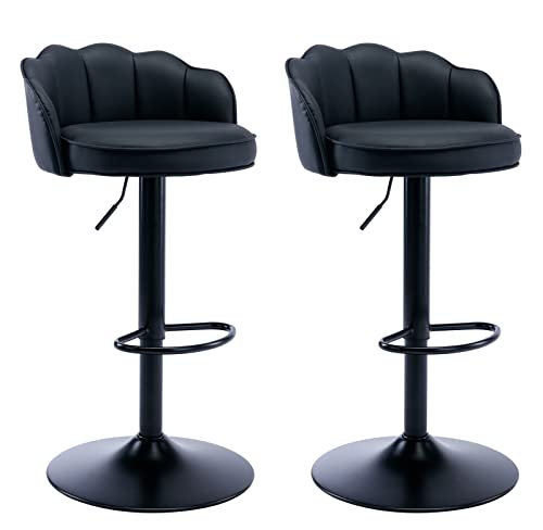 Swivel Faux Leather Barstools Adjusatble Seat Height Modern Upholstered Bar Stools, Black Metal Footrest Base, for Dining Room Breakfast Home Pub