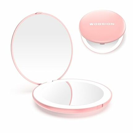 wobsion Compact Mirror with Light, 1x/10x Magnification Travel Makeup Mirror, Handheld 2-Sided Mirror, Compact Mirror for Purses, 3.5 inch Small