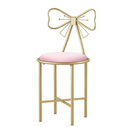 Pink Vanity Chair - Girls Best Gift Dressing Table Stool Velvet Vanity Table Chair with Lovely Bowknot High Backrest Comfortable Makeup Chair for