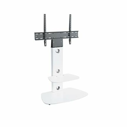 MAHARA Glass TV Stand with TV Mount & Curved Shelf - TV Floor Stand for 32–65" & Max 40kg TV - Tall TV Stand VESA 75x75mm–600x400mm - White TV St