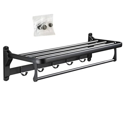 Hoopever 24 Inch Foldable Towel Rack for Bathroom with Hooks Towel Bar, Adjustable Bathroom Lavatory Towel Shelf Wall Mounted, Space Aluminum, Bl