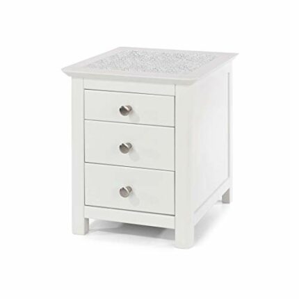 Home Source Bedside Table Cabinet Stone Topped Nightstand Storage, White, 3 Drawer