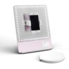 Glamcor Riki Skinny Smart Vanity Mirror with HD LEDs, Magnifying Mirror Attachment, Phone Holder and Bluetooth Control (Rose Gold, 10X Magnificat