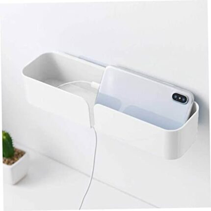 Bedside Shelf Organizer,Wall Mount Self Stick On, Plastic Phone Caddy Self Adhesive Storage Box with Cable Slot