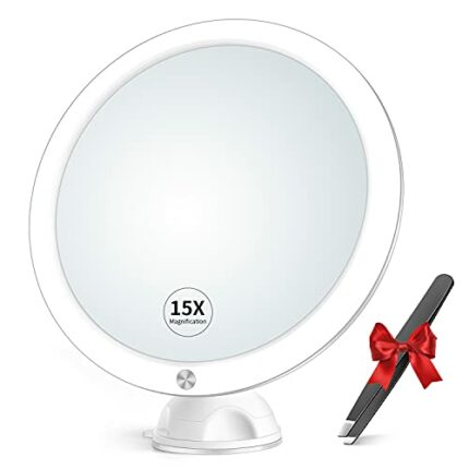 15x Magnifying Mirror with Light & Tweezers - Lighted Makeup Mirror with Strong Magnification for Precise Makeup, Plucking, Lighted Magnified Mir