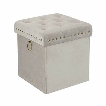 Inspire Me! Home Décor Anastasia Ottoman with Lux Metal Studs and Functional Handle Detailing, Classy Sand Shell Soft Velvet, 40 x 40 x 43 cm, Tu