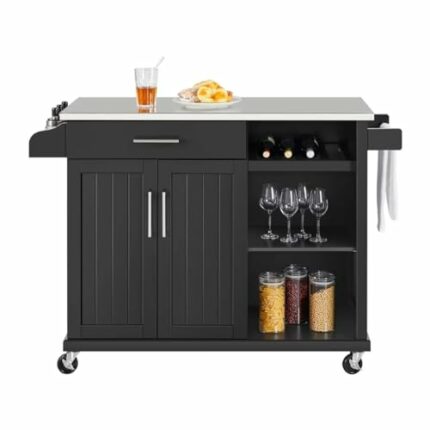 GRETD Rolling Storage Kitchen Cart Cabinet With Steel Top, Black，Durable And Strong，51.00 X 18.00 X 36.00 Inches