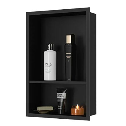 Qeke 12X18 in Shower Bathroom Niche, Stainless Steel Double Cubbies Storage wall niche for shampoo(Matte Black)