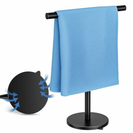 ANMEISH Hand Towel Holder Stand Black,T-Shape Fingertip Towel Rack Stainless Steel, Free-Standing Towel Stand with Suction Cup Base, Rust-Proof f