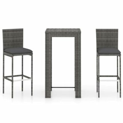 vidaXL Garden Bar Set 3 Piece with Cushions Outdoor Patio Terrace Backyard Furniture Dining Table and Chair Seating Poly Rattan Grey