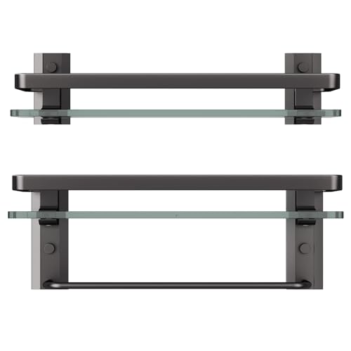 Danpoo Bathroom Shelves Wall Mounted, Tempered Glass Bathroom Shelf with Towel Bar(2 Tier, Matte Black)