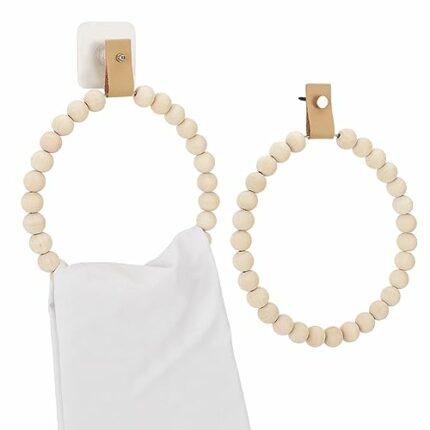 stallry 2pcs Boho Towel Rack Handmade Boho Towel Rack Bead Round Wood Ring Wall Mounted Wall Decor