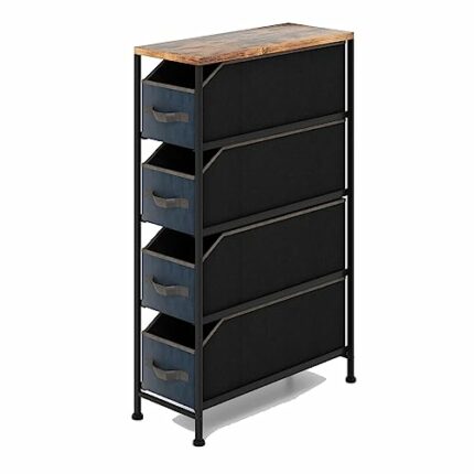 Multigot Slim Chest of Drawers, Folding Fabric Drawer Dresser with 4 Removable Drawers & Wooden Top, Narrow Storage Tower Unit for Bedroom, Livin