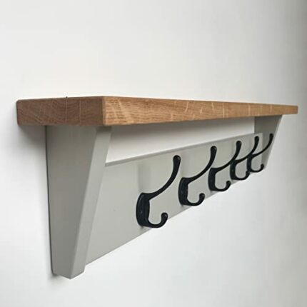 Painted Coat Rack with Oak Shelf - Wall Mounted Coat Rack for Hallway, Utility Room, Bedroom or Bathroom- Purbeck Stone -5 Hooks (75cm)