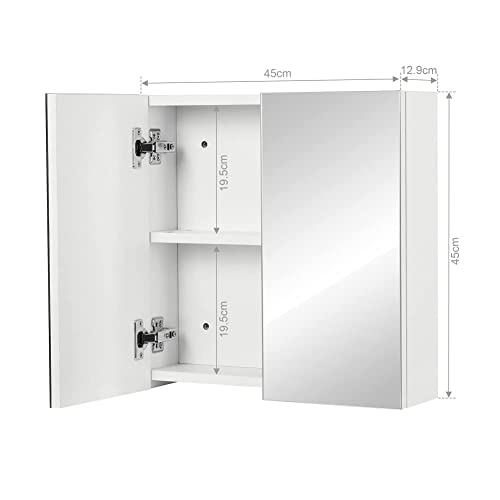 Meerveil Bathroom Mirror Cabinet, Wall-mounted Storage Cabinet with 2 Doors 2 Shelves Wooden Modern Style for Bathroom, 45 x 13 x 45 cm, White
