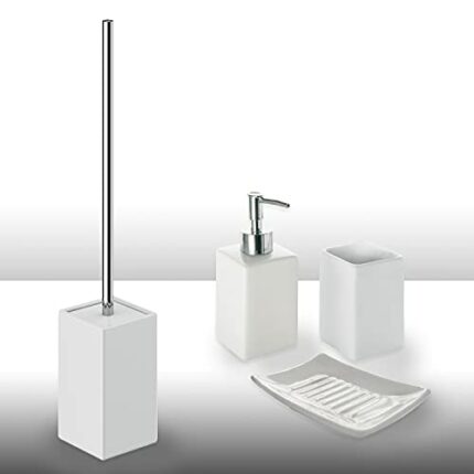 Gedy Queenstown 4 Pieces, 1 Solid Toilet Brush, 1 Soap Dispenser, 1 Bathroom Toothbrush Holder, Eco-Friendly Ceramic Set, White Finish, R&D Desig