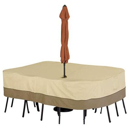 Classic Accessories Veranda Rect/Oval Garden Table & Chair Set Cover W/Umbrella Hole, Pebble/Bark/Earth (223cm, Medium)