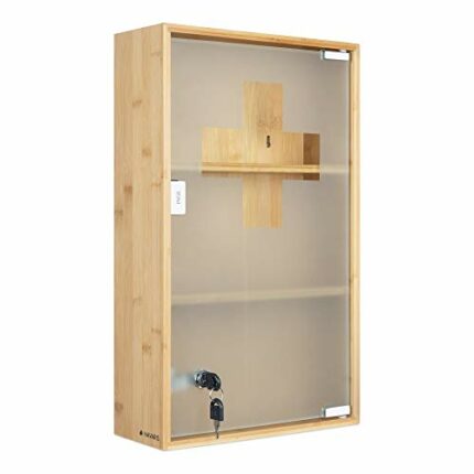 Navaris Medicine Cabinet - Lockable Bamboo Cabinet with First Aid Cross, Tempered Glass and Magnet Closing - Wall Mounted Bathroom Cabinet