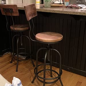 BOKKOLIK Set of 2-Industrial Bar Stools with Backrest-Swivel Wood Seat-Bar Counter Height Adjustable 26-32.2inch-Kitchen Island Dining Chair