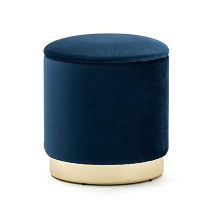 HNNHOME 37cm Round Velvet Ottoman Storage Box with Lid, Pouffe Seat Chair, Living Room Footstool, Bedroom Dressing Stool with Gold Plating Base (