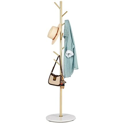 ZOZOE Coat Rack, Metal Coat Rack Freestanding Satin Steel with Heavy Stable Marble Base, Gold Coat Rack Stand 67’’ with 8 Hooks for Hanging Cloth