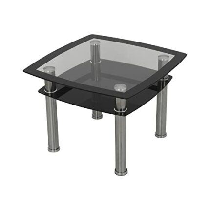 mahara Chrome & Black Side Table/End Table - Safety Glass Max 20kg, Glass Shelf Max 5kg - Small Table W60cm x D60cm x H43.5cm - Side Table Living