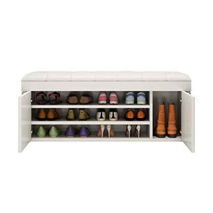 Shoe Bench Solid Wood Storage Bench Entryway, 3-Tier Entryway Bench with PU Cushion Seating, Shoe Rack Organizer with Door Cabinet for Entryway,