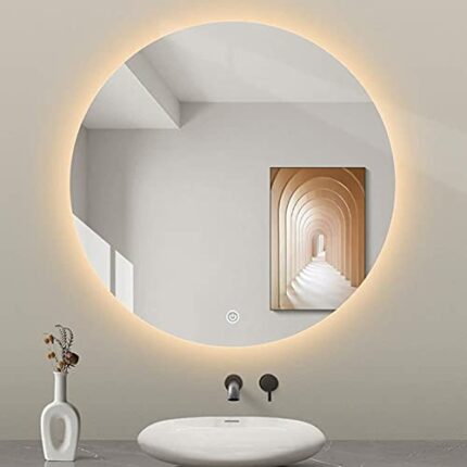 Bathroom mirror Wall-mounted Backlit Vanity Mirror,Illuminated LED, Frameless Round With Lights,Touch Switch (Warm Light Round 500mm)