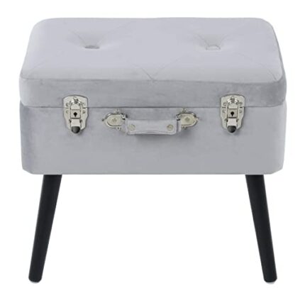 Hodge and Hodge Suitcase Storage Stool Velvet Padded Seat Black Legs Silver Latch Trunk Silver Grey