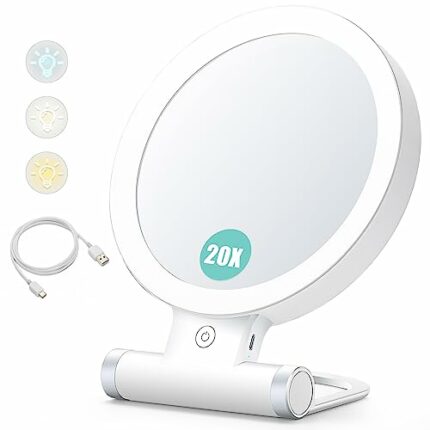 Magnifying Mirror with Light,20X/1X Double Sided Tabletop Portable Lighted Makeup Beauty Mirror, 3 Color Lighting, Dimmable Touch Screen,Cosmetic