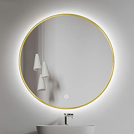 SkiPdr round Bathroom Mirror with Illuminated Led Dimmable and Aluminum Alloy Frame, Wall Mounted Makeup Shaving Size: Φ60/70/80Cm, Gold FrameLed