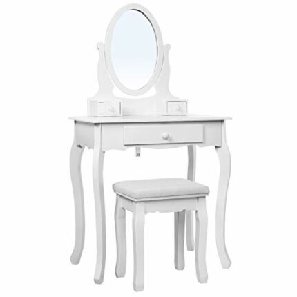 SONGMICS Wall-fixed Dressing Table with Stool and Mirror, 3 Drawers Vanity with 2 divider, White RDT004