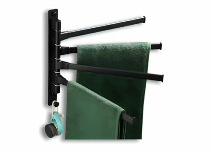 Swivel Towel Rack, Sviwel Towel Bar for Bathroom, Aluminum 4-Arm Towel Bar, Space Saving Wall Mounted Towel Holderwith Hook, Rustproof Swing Out