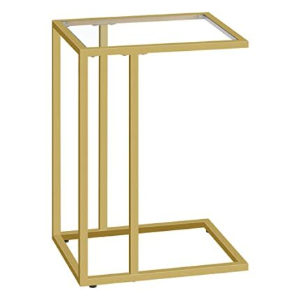 HOOBRO C Shaped Side Table, Tempered Glass Gold Side Table, Under Sofa Table, Small Coffee Snack Table for Small Spaces, Laptop End Table for Liv