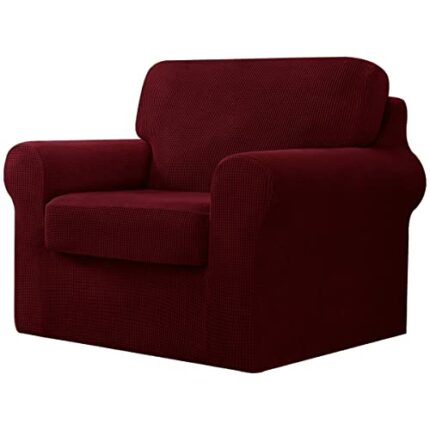 CHUN YI 3 Piece Stretch Sofa Cover, 1 Seater Slipcover with One Separate Cushion and Backrest, Jacquard Spandex Fabric(1 Seater,Wine)