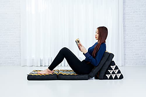 LEEWADEE 4-Fold Mat with Triangle Cushion – Firm TV Pillow, Foldable Mattress with Cushion Made of Eco-Friendly Kapok, 225 x 50 cm, black orange