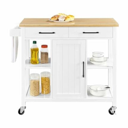 JJZXD Kitchen Island Kitchen Cart on Lockable Wheels with Storage, White Kitchen Island Table