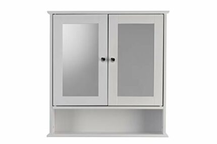 Croydex WC271122 Anderson Double Door Mirror White wooden Cabinet with Fixed Open Shelf and Hang N Lock Fitting System, 13x56x58 cm